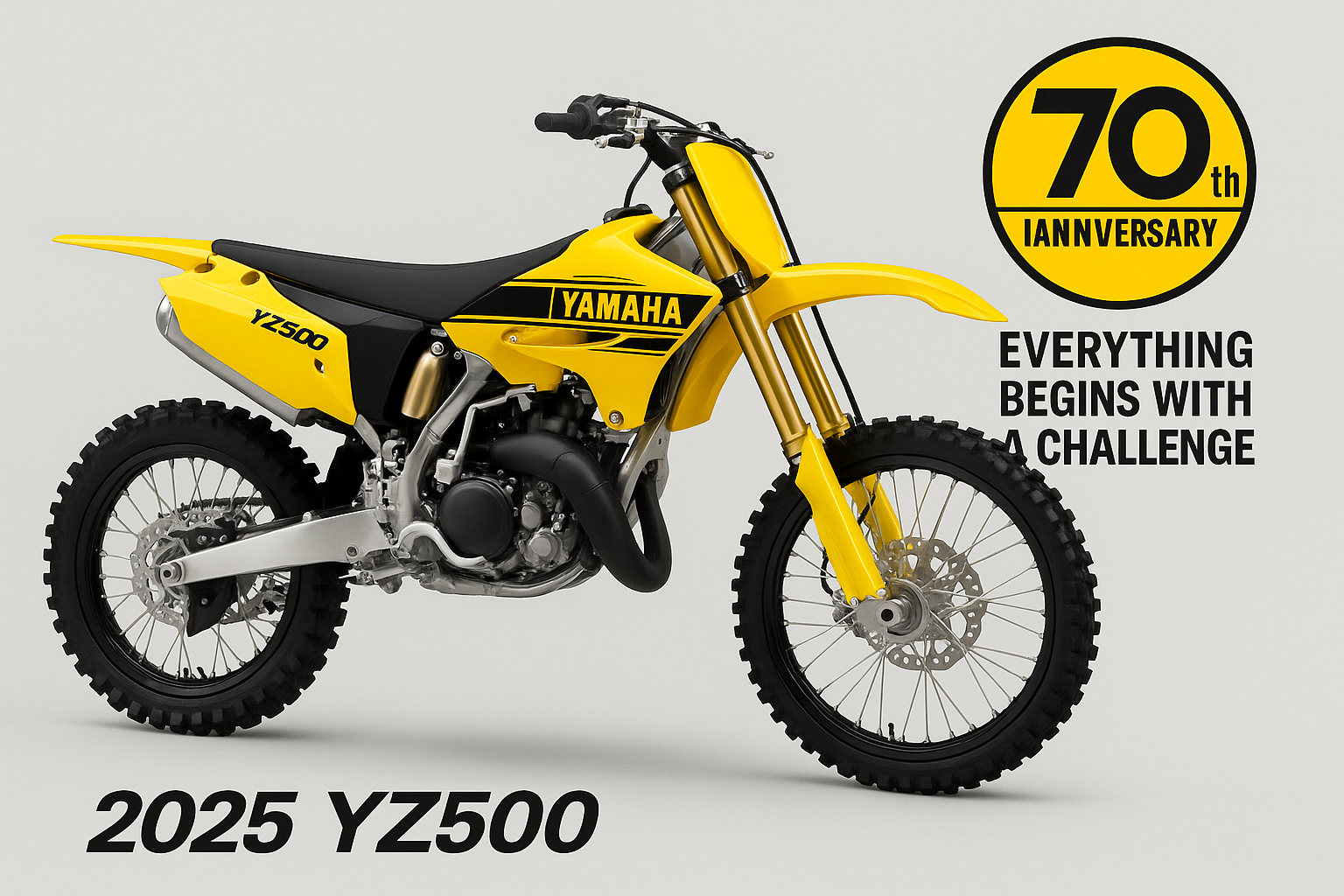 OFFICIAL RELEASE The 2025 Yamaha 70th edition YZ500 2- stroke is here in yellow color and it’s set to retail for $8,999 in the U.S. It will arrive in selected European dealerships starting in 1st July 2025, reach North America in August, and subsequently expand to the rest of the world. A special logo has been created under the theme “Everything Begins with a Challenge.”  This design draws inspiration from…Read More ⬇️