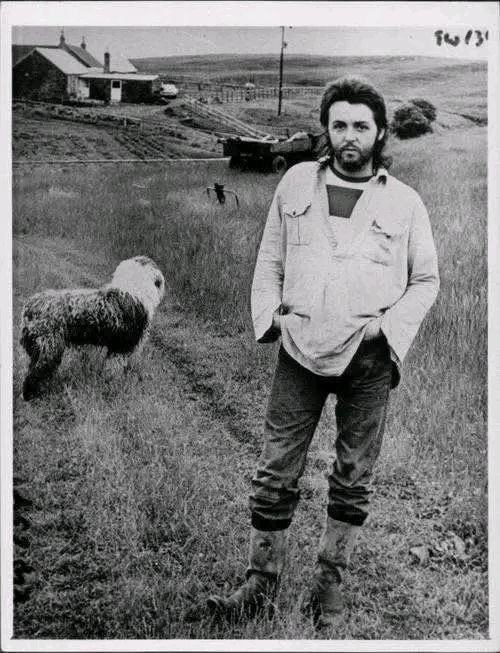 Paul McCartney with his English sheepdog Martha on his High Park Farm near Campbeltown on the Kintyre Peninsula.    “Linda said, “We could do this place up!” And I’d never thought of that, I thought it just stayed how you bought it. I just wasn’t enterprising enough to actually think, We could clean this place up! Linda really turned me on to it. I quite liked it before, I liked its isolation, and I liked the privacy, and the end-of-the-world remoteness compared to a city.” – Paul McCartney